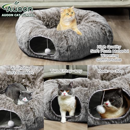 AUOON Plush Cat Tunnel Bed for Indoor Cats, 36" L x 36" W x 11.5" H, Brown | 2 in-1 Interactive Cat Toy, with Hanging Ball Toy, Machine Washable Center Pad, for Kitten Puppy Rabbit Ferret - color: Brown