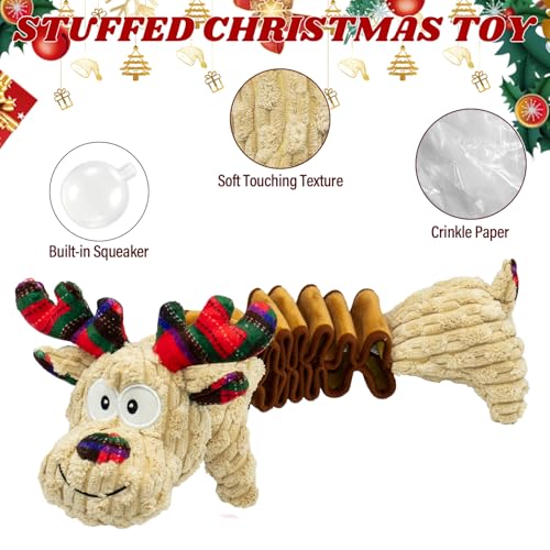 Christmas Squeaky Pet Gift Crinkle Dog Toys Deer | Interactive Puppy Teething Chew Toy with Sound Paper Tail Stuffed,Keep Them Busy, Large Medium Small Breeds Indoor Play - style: Christmas Deer Pulling Belt
