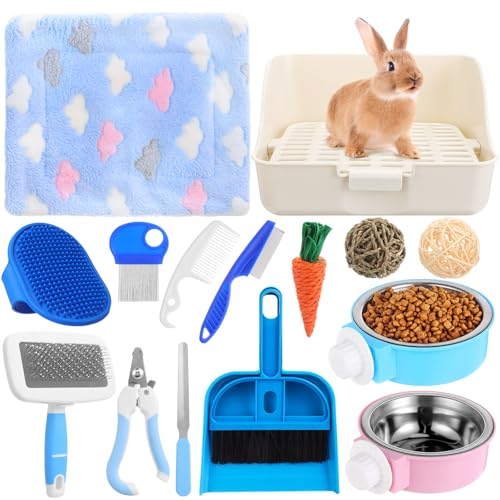 Reallnaive 15 Pcs Rabbit Starter Kit Small Rabbit Litter Box Girls Gift Animal Grooming Kit Bunny Toys Bowl Blankets with Cleaning Set for Guinea Pig Accessories(Multicolor) - color: Multicolor