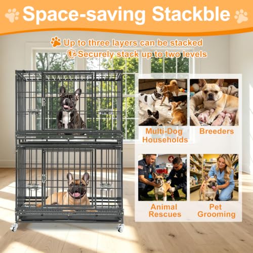 Homey Pet Two Tier 37" Heavy Duty Stackable Dog Crate with Wheels | Metal Crate for Dogs with Escape proof Locks, Tray, Bowl, Open Top, for Small and Medium Dogs, Breeders and Multi-dog Homes - size: 37.0"L - 2 Tiers - 1P