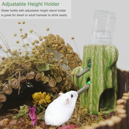 Adjustable No Drip Ceramic Hamster Water Bottle for Glass Tank | Green Cactus 2-In-1 80ML Free Standing Water Dispenser with Stable Hamster Hideout , Great for Dwarf Hamster, Mice, Rat