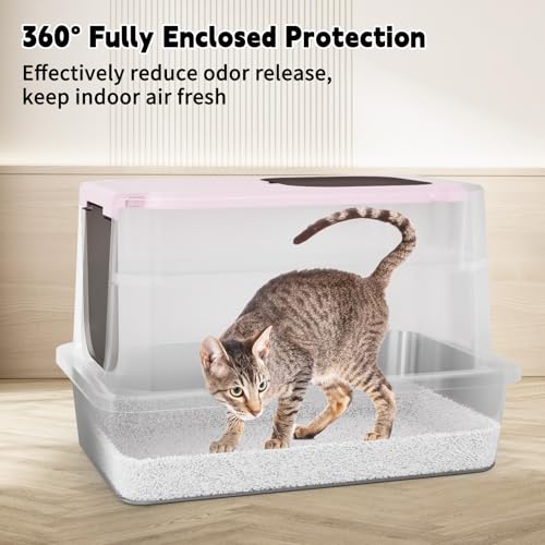 RIZZARI Stainless Enclosed Litter Box: with Scoop & Odor Control | 304 Stainless Basin / Wide Top Opening / Privacy Enclosure / Top & Swing Dual Entry / Anti-Leakage Raised Rim - color: Pink, size: 23.8"L*15.9"W*16.1"H