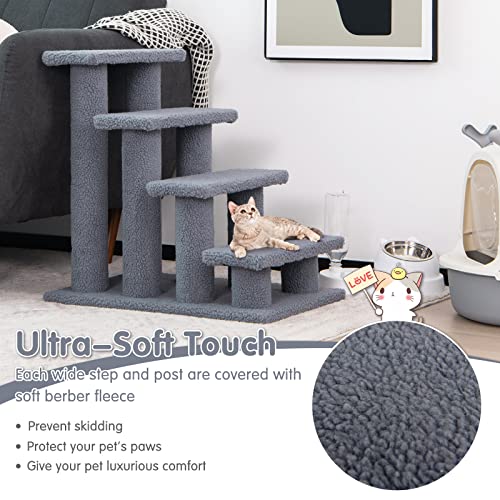 Tangkula Pet Stairs for Cats and Dogs, 4-Step Carpeted Ladder Ramp Cat Climber Cat Scratching Post, Multi-Step Dog Stairs for High Beds, Couch (Grey)