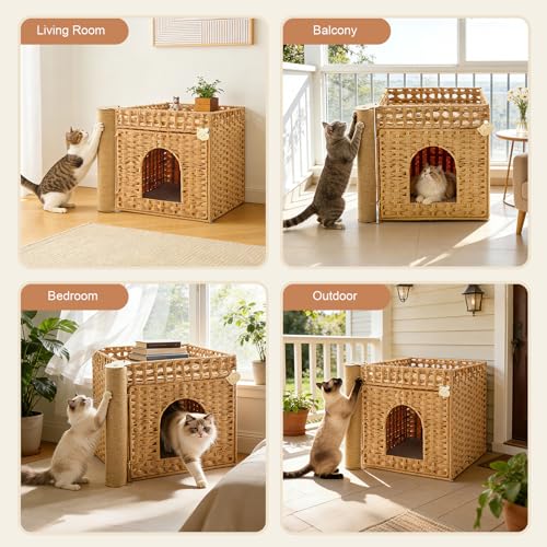 Stylish Cat Litter Box Enclosure with Scratching Post – Handwoven Rattan Cat House, Hidden Litter Mat & Fence, 20.5×18.5×19.1 in, Indoor & Outdoor Use