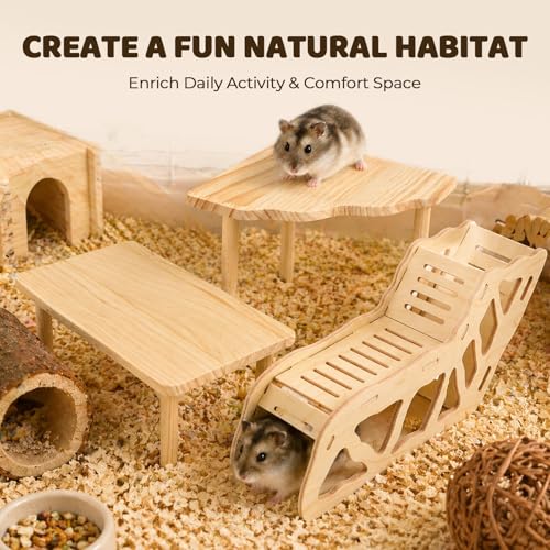3 Pack Wooden Hamster Play Platform, 3-in-1 Natural Small Pet Playground with Tunnel, Ladder & Hidden Rest Area, Wooden Support Column Cage Accessories for Hamsters, Squirrels & Tiny Pets