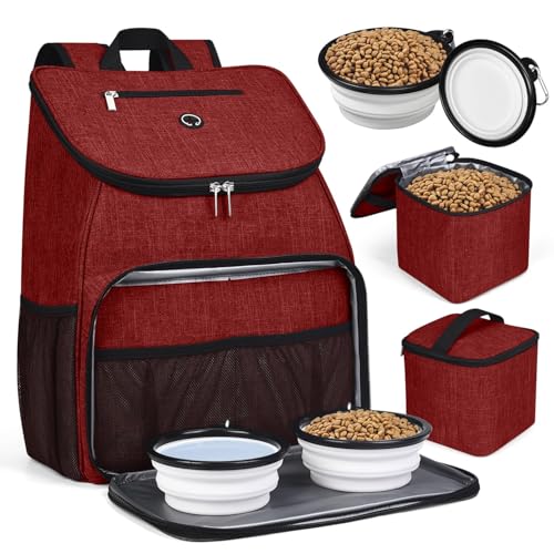 BAGLHER丨Dog Travel Bag, Airline Approved Pet Supplies Backpack, Dog Travel Backpack with 2 Silicone Collapsible Bowls and 2 Food Baskets - color: Red-A