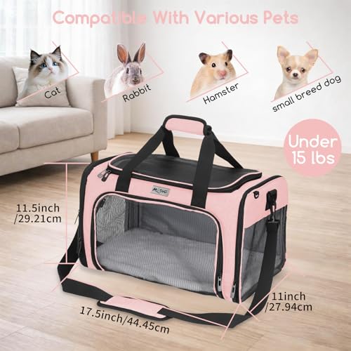 Pet Carrier for Cats & Small Dogs, Travel Carrier with Anti-Collapse Support, Chew Resistant Buckles, Luggage Sleeve, Multi-Pocket Storage, Reversible Mat & Bowl (Pink, Medium (17.5"x11"x11.5")) - color: Pink