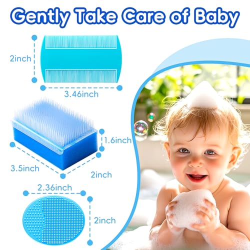 Cradle Cap Brush for Babies, Baby Bath Essentials with Silicone Scrubber Bath Sponge Dual-Sided Comb for Newborns Toddlers Boys Girls (Blue,Set of 5) - color: Blue Brush+ Comb