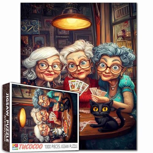 Fashion Old Woman Casino1000 Piece Jigsaw Puzzles for Adults Funny Grandma Playing Poker Jigsaw Puzzle Cute Animal Cat 1000 Pieces Puzzles Game Home Wall Decor Friendship DIY Craft Puzzle Art Gift - color: Artwork-14
