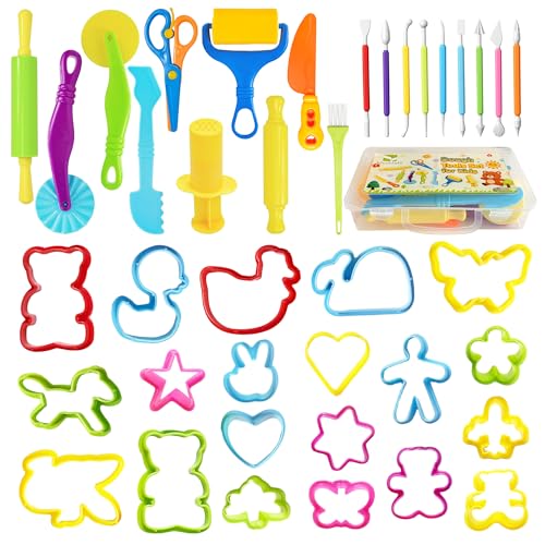 Kleeblatt Dough Tools Set for Kids - 39 Pcs Playdough Kit | 20 animal molds, 9 Basic Dough Tools, 9 Double-Headed Clay Carving Tools, 1 Cleaning Brush, Exquisite Box - color: KT-DoughTools-9