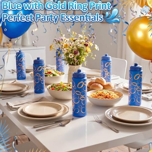 12 Pack Blue with Gold Ring Themed Party Favors 20 oz Reusable Plastic Water Bottles with Pull-top Lids, Cartoon Theme Water Bottles for Birthday Baby Shower Game Party decorations - style: Gold Rings