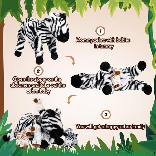 Hollowfly 5 Pcs Zebra Plush Toy Gift Set 12.6" Mommy Zebra with 4 Cute Babies Stuffed Animal in Zippered Belly Nurturing Plushies Toys for Christmas Kid Adults Forest Themed Birthday Party Favor Gifts - style: Zebra