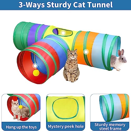 Malier Cat Toys Kitten Toys Set, Collapsible Cat Tunnels for Indoor Cats, Interactive Kitty Toys Cat Feather Toy Fluffy Mouse Crinkle Balls 3 Way Tube Tunnel Toys for Puppy Kitty Kitten - color: Rainbow