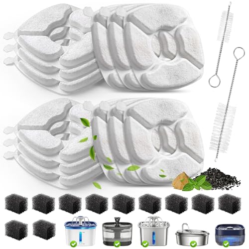 Cat Water Fountain Replacement Filters-12 Pack Cat Fountain Filters with 12 Pack Sponges, Enhanced Compatibility Pet Fountain Filter Fit for 50oz, 84oz, 95oz or 108oz Automatic Pet Dog Water Dispenser