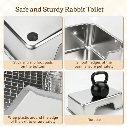 Rypet Large Stainless Steel Rabbit Litter Box Set for Small Animals | High Sides & Low Entry, 304 Stainless Steel Sifting Tray, Bowl and Bottle Included, Non-Slip, Easy to Clean, Odor Control - size: XL(23.6"×15.7"× 5.9")