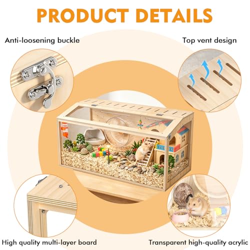 XiaZ Large Hamster Cage,40Inch Hamster Cage with Panoramic View and Ventilated Top, Spacious Acrylic Glass Habitat for Syrian Dwarf Hamsters and Degus, Natural Wood Frame Enclosure - size: 40.0"L x 20.0"W x 20.0"H