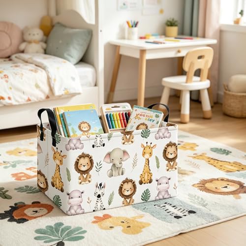 Rectangle Foldable Storage Basket Handles For Home, Cute animal | Waterproof canvas material, reinforced handles, perfect for shelf use, organizes clothes, daily items and pet supplies - color: REC-Cute animal