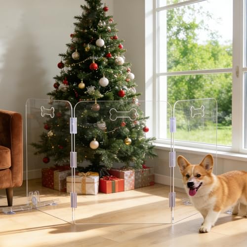 31.5'' Tall Clear Acrylic Dog Playpen, 3-Panel Pet Gate | Freestanding Transparent Barrier for Indoor Doorways, Foldable Puppy Fence with Support Feet & Handles - size: 3-Panel Tall