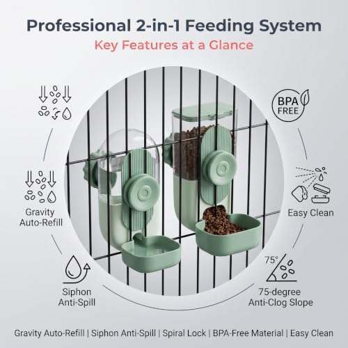Hanging Gravity Pet Feeder Water Bowl Set for Small Pets（Green） | Gravity water, gravity food feeder and waterer, all-in-one ii feeder kit, hanging auto refill feeder bowl for small pets - color: Green