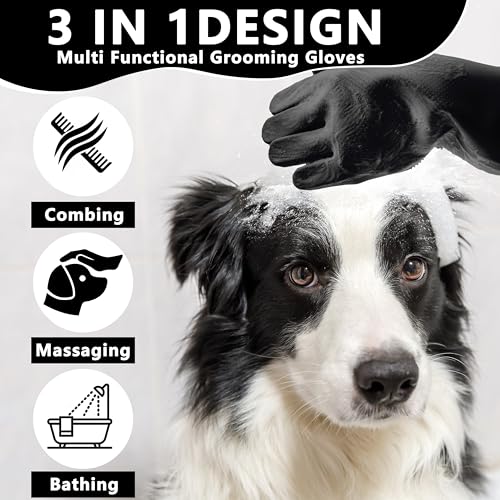 Pet Grooming Gloves—Dog Washing Gloves with High-Density Teeth | Dog Bath Scrubber with Enhanced Five Finger Design, Silicone Gloves for Dogs and Cats Bathing, Massage (Dark) - color: Dark Black