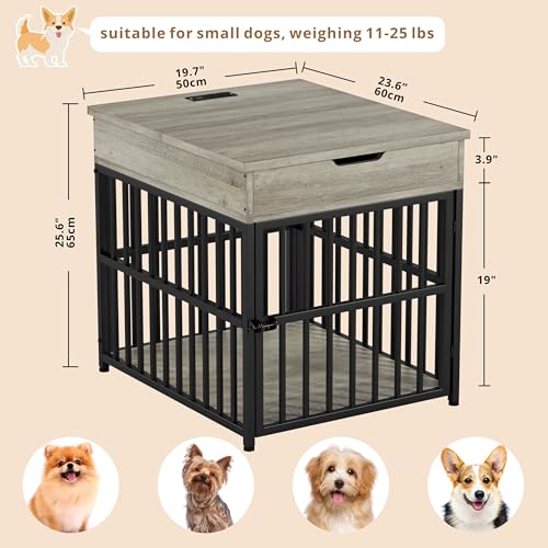 IRONCK Dog Crate Furniture for Small Dogs, Gray | Wooden Dog Kennel with Flip Top Drawer, Indoor Pet Crate End Table with Charging Station, Steel-Tube Dog Cage - color: Grey