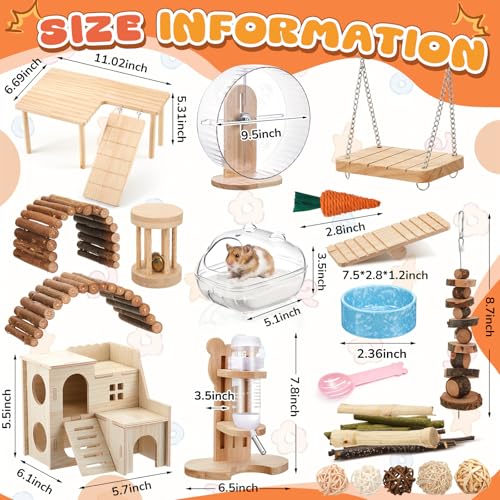 40 Pcs Hamster Cage Accessories, 9.5'' Exercise Wheel, Wood Platform Hideout House, Water Bottle, Sand Bath, Bowl, Chew Toy for Syrian Hamsters Mice Gerbils Habitat Decor(Active Style) - style: Active Style