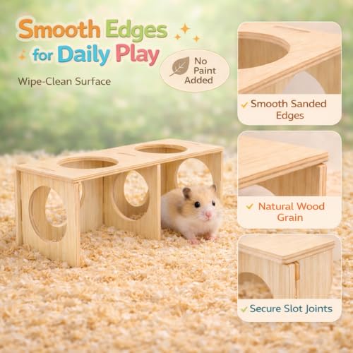 Wooden Hamster Tunnel with Multiple Holes – Natural Hideout Tube, DIY Assembly, Playground for Dwarf, Small Syrian Hamsters & Gerbils (9.5" x 3.5" x 3.5")