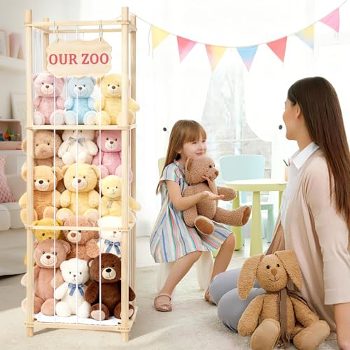 Stuffed Animal Storage & Organizer, Wooden Large Capacity Stuffed Animal Zoo with Elastic Cords, Sturdy Space-Saving Plushie Toy Shelf Cage Tower for Bedroom Playroom Nursery 54 in, Easy to Install