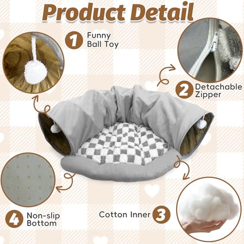 PINVNBY Bunny Tunnel Bed 2-in-1 Removable and Cozy Large Guinea Pig Hideout Tunnel Washable Small Animal Tunnels Tube Toys Guinea Pig Accessories for Rabbit Chinchilla Hedgehog Ferret (Gray)