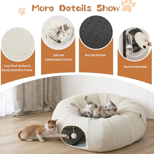 Pawaboo 2-in-1 Cat Tunnel Bed, 8-Shaped Cat Tunnels, Beige | Foldable Cats Cave Hideout Kitty Toys with Fluffy Balls, Donut Tunnel for Kitten Rabbit Ferret - color: Beige, size: 68.9 x 31.5 x 11.8in