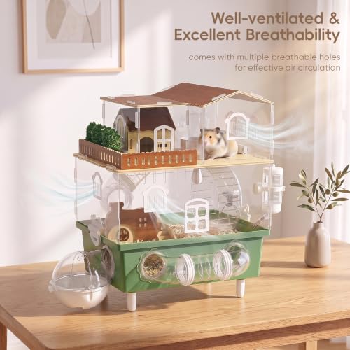 Acrylic Hamster Cage Clear Hamster Habitat with Running Wheel & Hideout | 2-Tier Hamster House with Tubes and All Accessories, Easy to Clean, Suitable for Small Hamsters, 13.3''* 9.8''* 17.4'', Green - color: Green