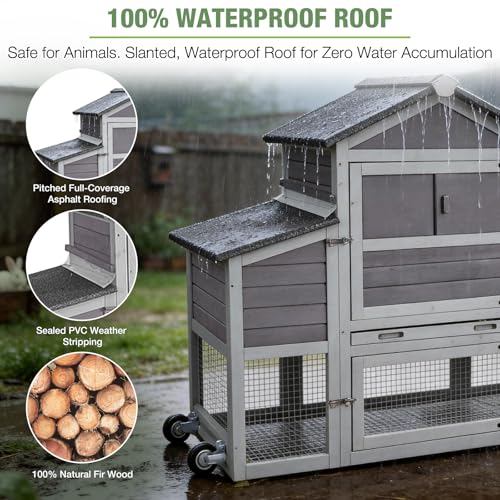Mobile Chicken Coop with Wheels for 4-6 Chickens, Large Outdoor Hen House with Run, Weatherproof Asphalt Roof, Sectionable Nesting Box & Pull-Out Tray, 82.4" L x 25.8" W x 44.1" H - Grey - size: 82.4"L x 25.8"W x 44.1"H