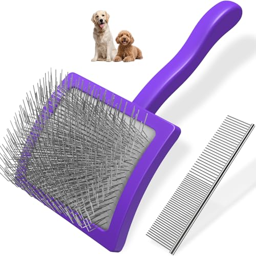 2PCS Slicker Brush for Dogs & Pet Comb,Professional Dog Grooming Brush (Goldendoodles,Poodles,Labradoodles) with Extra Long Pins to Effectively Remove Tangles, Knots and Mats (Purple, Large) - color: Purple, size: Large