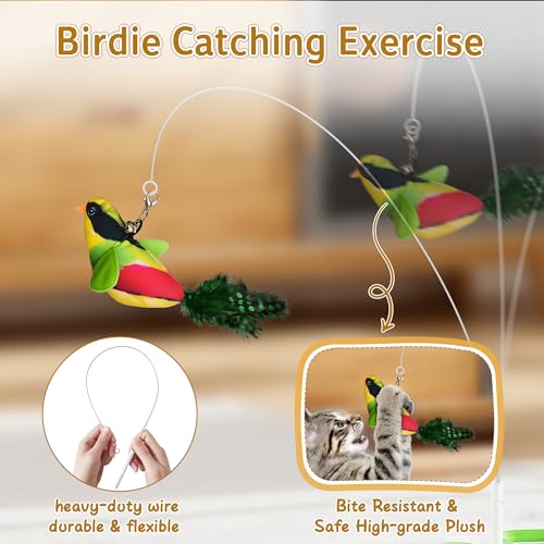 3-in-1 Automatic Interactive Cat Toy, Flying Bird, Mole & Feather | Rotating feather, 3 play modes, cheese-shaped non-slip base, USB-C rechargeable 1200mAh battery, 8-minute auto shutoff - color: White