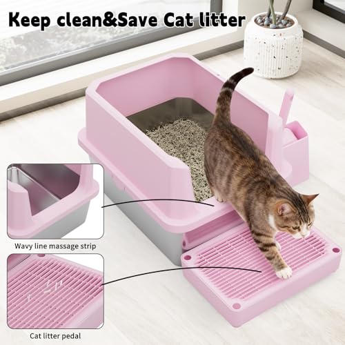 RIZZARI Cat Litter Box Anti-Scatter: Open-Room for Large Cats & Multi-Home | Odor-Free Steel Pan / Paw-Massage Entry Trap / Raised Anti-Spill Edges / Fits Maine Coon & 2+ Cats / Easy-Scoop Open View - color: Pink