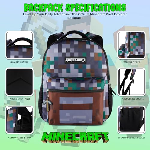 AI ACCESSORY INNOVATIONS Minecraft Backpack for Kids, Pixelated Block Print Design with Adjustable Straps, 16 Inch Rectangular Daypack, 3 Zippered Compartments, Water Repellent Polyester - color: Minecraft