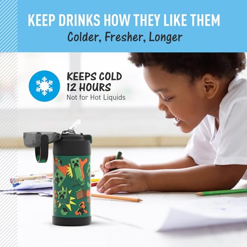 THERMOS FUNTAINER Water Bottle with Straw, 12oz, Minecraft | Kids Stainless Steel Insulated Water Bottle, Keeps Drinks Cold Longer for School & Play, BPA-Free - color: Minecraft, size: 12 Ounces