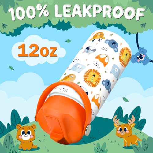 SANDJEST Kids Water Bottle with Straw Lid - 12 Oz Insulated Stainless Steel Animal Water Bottles for Kid Boys Girls - Travel Cup for School Sports - color: Animal 1