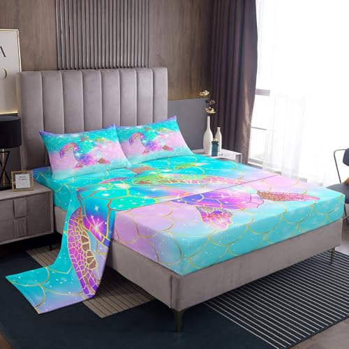 Erosebridal Mermaid Scales Fitted Sheet for Girls, Tortoise Reptile Sheet Set Twin Size, Sea Turtle Ocean Life Bed Sheets for Kids Children Boys Women, Sweet Girly Top Sheet, Teal Blue - color: Style 38, size: Twin