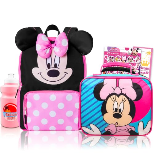 Minnie Mouse Backpack and Lunch Box Set for School Bundle + More | Insulated Lunch Bag & 15in Large 3D Bow Minnie Bookbag Plus Water Bottle, Stickers, More - Minnie Mouse School Supplies
