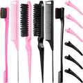 Remerry Hair Brush Set, 12 Pieces Including Nylon Teasing Brushes, Double Sided Hair Edge Brush, Smooth Comb Grooming, Rat Tail Combs & Duckbill Clips (Black, Pink) - color: Black, Pink