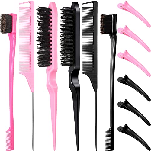 Remerry Hair Brush Set, 12 Pieces Including Nylon Teasing Brushes, Double Sided Hair Edge Brush, Smooth Comb Grooming, Rat Tail Combs & Duckbill Clips (Black, Pink) - color: Black, Pink