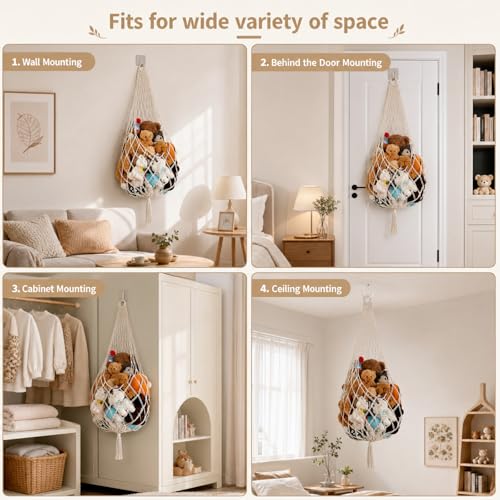 Corner Hanging Toy Hammock, Large Stuffed Animal Storage Net for Kids Room, Boho Nursery Decor, Easy Install with Hooks, Holds 100+ Plushies, Soft Cotton Rope, off white