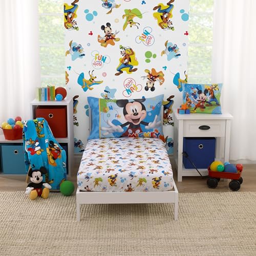 Disney Mickey Mouse Blue, Red, Green, and White, Donald Duck, Pluto, and Goofy, Fun Starts Here 2 Piece Toddler Sheet Set - Fitted Bottom Sheet, and Reversible Pillowcase - color: Mickey Mouse - Fun Starts Here