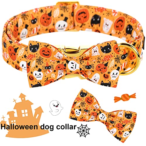ARING PET Dog Collar with Bow-Halloween Dog Collar Bowtie, Adorable Boy and Girl Ghost Pumpkin Dogs Bowtie Collar Gifts with Metal Buckle - color: Halloween Orange, size: X-Small (Pack of 1)