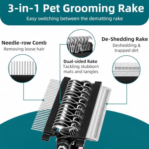 3-IN-1 Pet Grooming Tool - Undercoat Rake, Dematting Comb & Deshedding Brush for Cats, Dogs, Horses - Removes Mats, Tangles & Loose Fur, Reduces Shedding & Prevents Hair Mess (Pink) - color: Pink