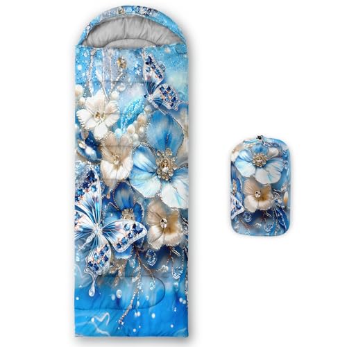 QOOMO Camping Sleeping Bags,3 Season Warm & Cool Weather,Lightweight,Waterproof Sleeping Bags for Adults & Kids,Traveling,and Outdoors,Camping Gear Equipment - color: blue butterfly