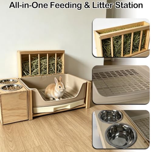 3-in-1 Large Rabbit Hay Feeder with Drawer Litter Box, Sturdy Solid Wood Bunny Feeding Station with Hay Rack for Rabbits, Guinea Pigs, Chinchillas, Ferrets and Small Animals