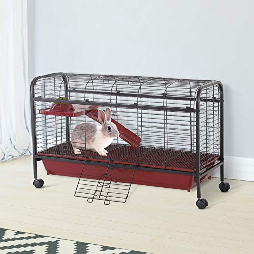 PawHut 41" L Small Animal Cage Rabbit Hutch with Feeder, Rolling Wheels Red | Ferret Pet Play House, Platform, Ramp - size: 41.5"L x 17.3"W x 26.0"H