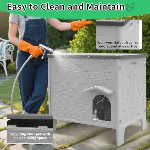 Rockever Cat House with Escape Door, Easy Clean Elevated Waterproof Shelter | Outdoor indoor breathable comfortable cat home, all-season refuge shelter for feral cats, with Heated Pad, Grey M - style: Medium